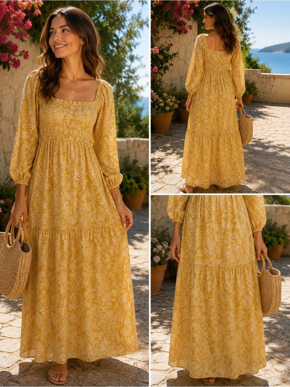 Roxy Yellow Floral Boho Smocked Maxi Dress M Cottagecore Sundress Festival NWT